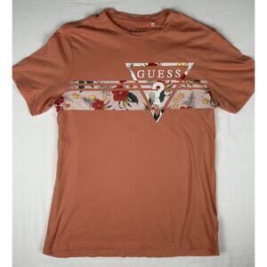 sz S Guess Women's Triangle Floral Hawaiian Logo Embellished T-shirt Peach EUC